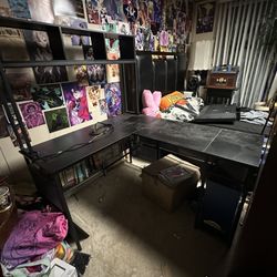 Black Metal And Wood L-shaped Desk With Hutch