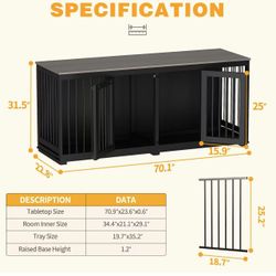✌️ Large Funiture Style Dog Crate for 2 Dogs, 70" Wooden Dog Kennel Furniture with Removable Divider & 2 Trays, Indoor Heavy Duty Dog House 