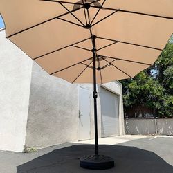 NEW $130 Large Double Sided Outdoor (15ft Umbrella and 65lbs Plastic Base set) Beige color