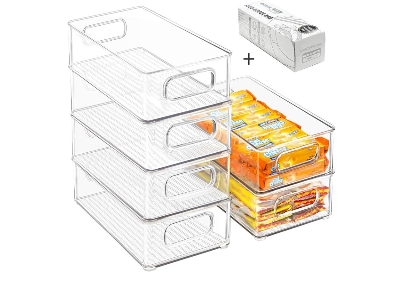 Stackable Refrigerator Organizer Bins, 6 Pack Clear Kitchen Organizer Container Bins with Handles and 20 PCS Plastic Bags for Pantry, Cabinets, Shelve