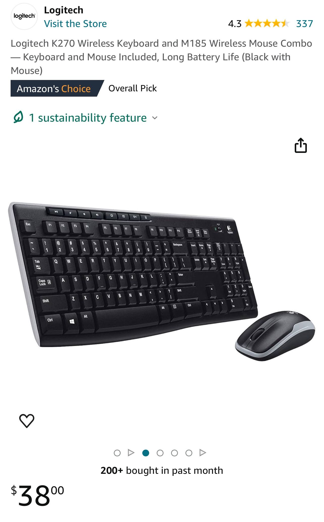 Logitech K270 Wireless Keyboard and M185 Wireless Mouse Combo