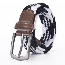 New Women’s One Size Black & White Woven Belt with Brown Leather Trim