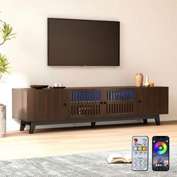 Mid Century Modern TV Stand Up to 85" TV Media Console with Storage and Cable Management Holes, Entertainment Center with LED Light(Brown-74 in)
