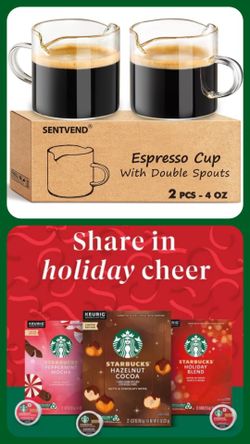 Set of 2, 4 Oz *Sentvend* Double Spout Espresso Shot Glass with Handle With 
Starbucks Holiday Blend Medium Roast Keurig K-Cup Coffee Pods - 22ct