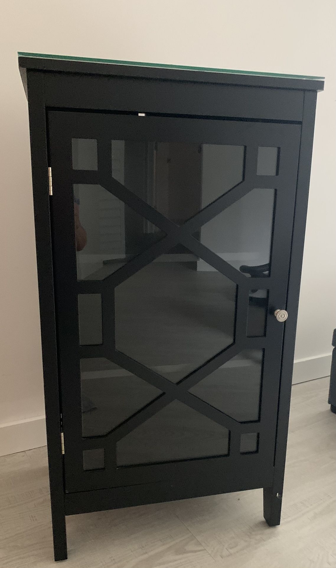 Small Black Curio Storage Cabinet With Beveled Edge Glass Top. If Listed Available, Please Do Not Ask If It’s Available.