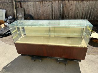 Glass Display Case with Wood Base on Wheels