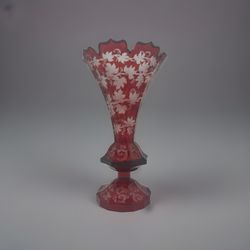 Ruby Cranberry Faceted Etched Grapevine Glass Trumpet Vase