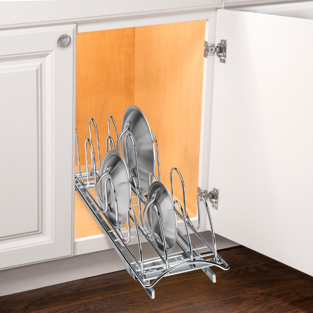 Lynk Professional Roll Out Pan Lid Holder - Pull Out Kitchen Cabinet Organizer Rack - Chrome