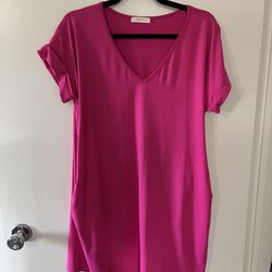 Pink V Neck Shirt Dress With Cap Sleeves