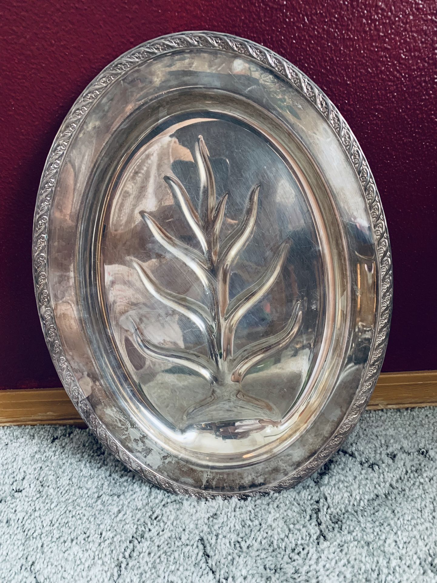 Vintage "Tree of Life" WM Rogers Silver Plated Oval Meat Platter Footed 16"