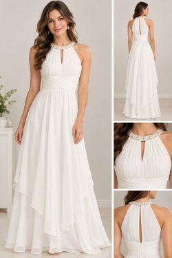 Beaded halter-neck chiffon dress