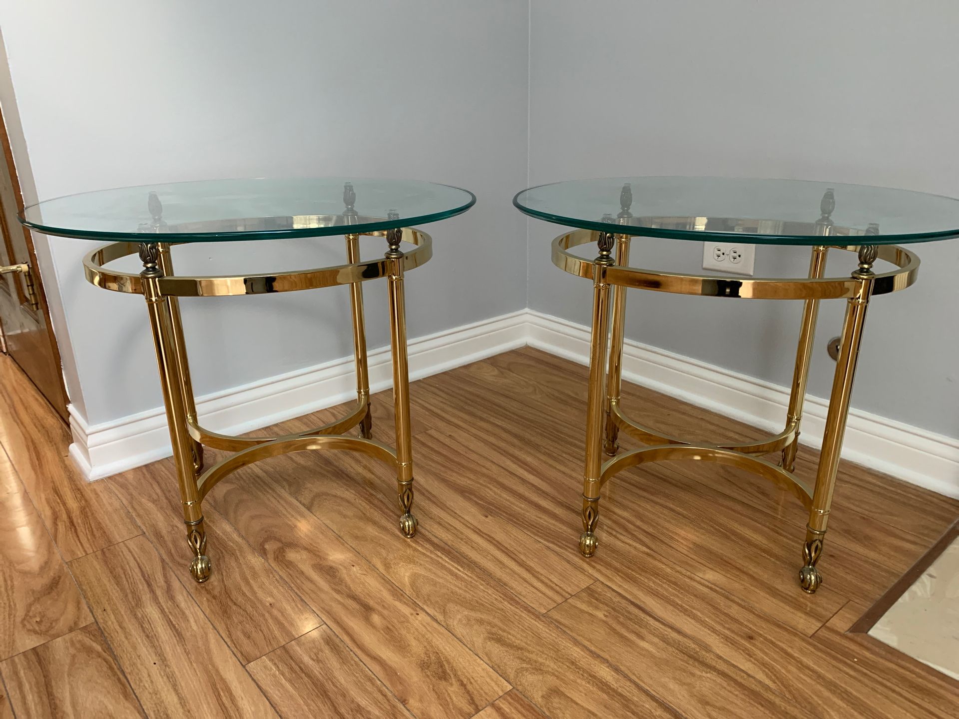 Beautiful Mid-Century Brass End Tables with glass tops ....Perfect Condition*