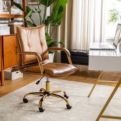 Faux Leather Home Office Desk Chair, Adjustable Swivel Computer Chair with Golden Legs and Arms, Comfy Upholstered Task Chair,Camel