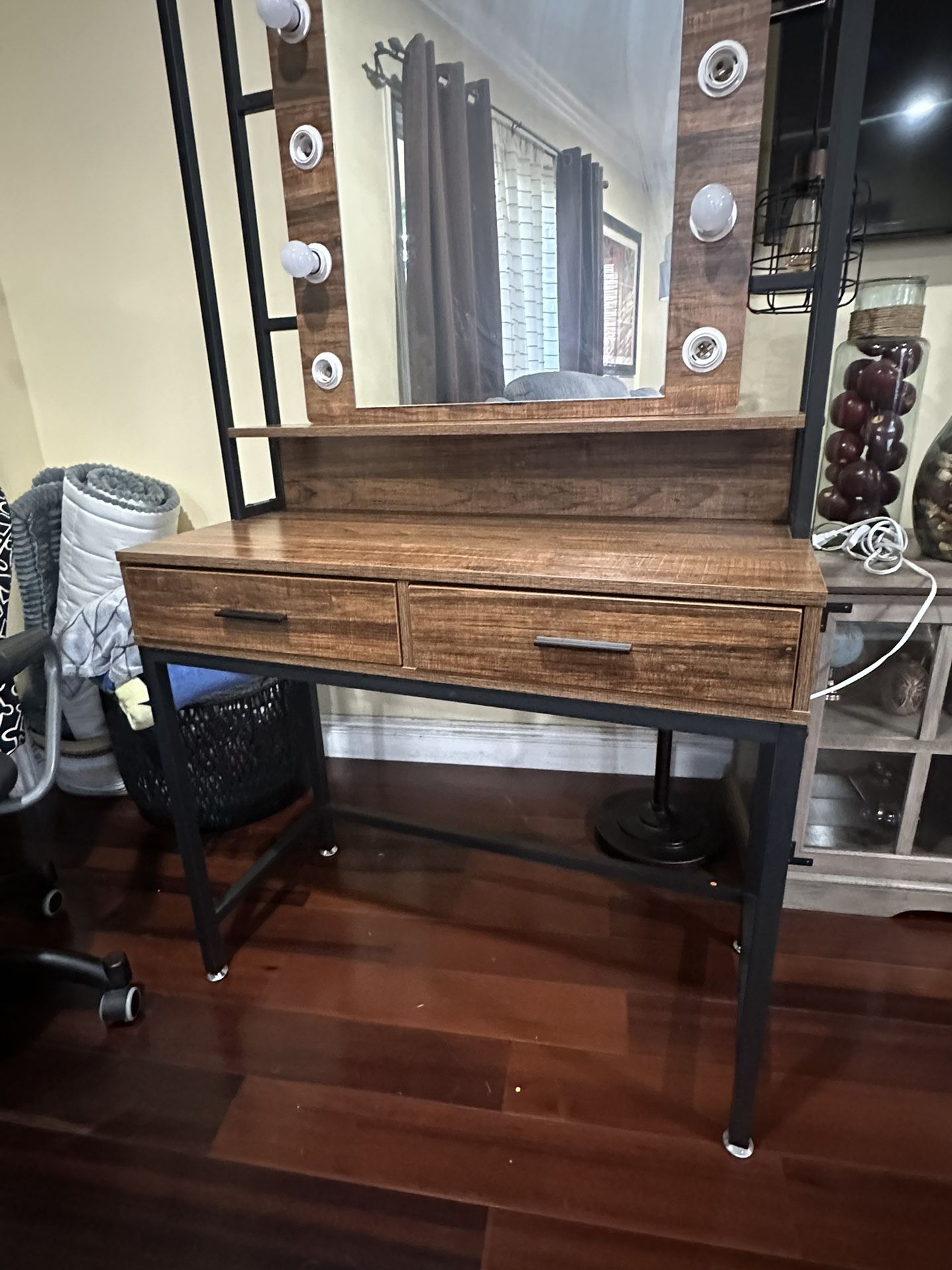 Beautiful Brown Vanity Desk with Lights, Makeup Vanity with Power light Table Set with 2 drawers