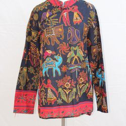 Fab 1980s Colorful Folk Style Mandarin Blouse