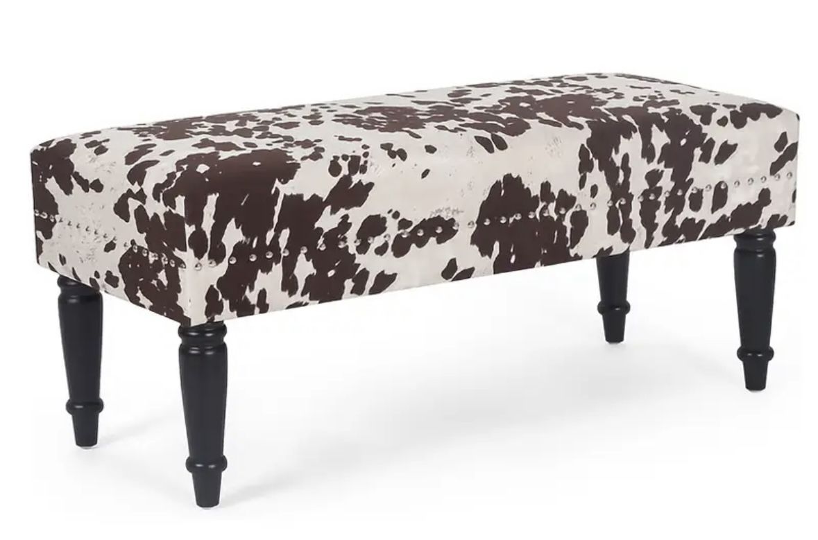 39" Mid-CenturyUpholstered Cowhide Bench Design (Microfiber Fleece) with Rivet Details NEW