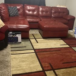 Red  Leather Couch With Ottoman 