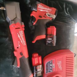Milwaukee M12 Fuel Rachet 3/8" And Impact Hex 3/4" And Batteries 2.5 Charger All Brand New 