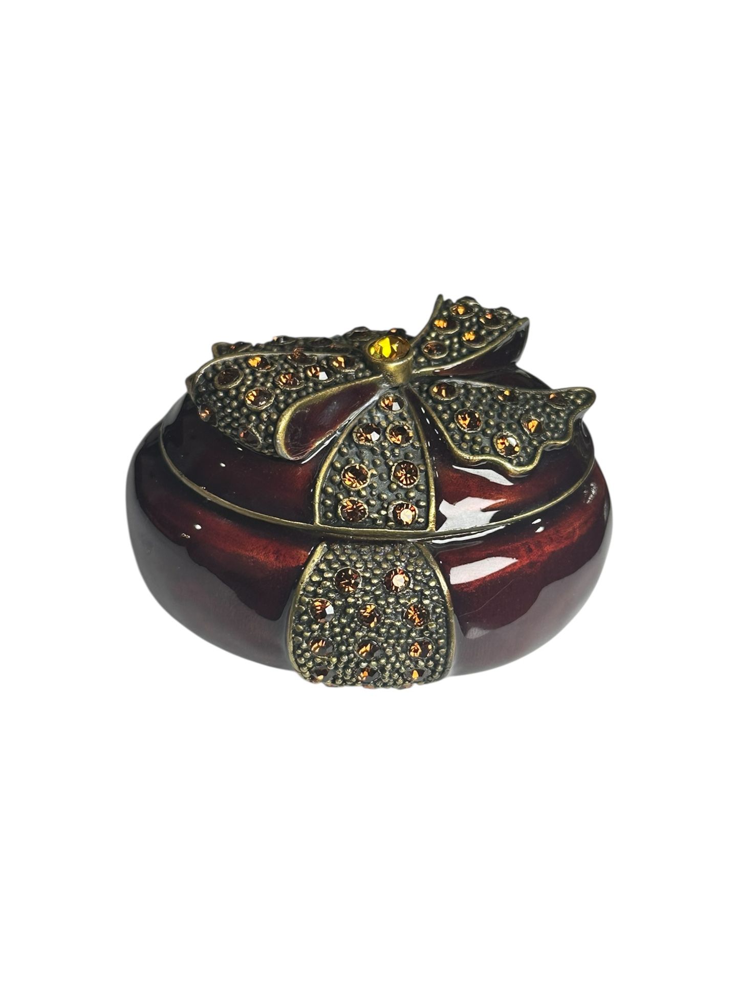 Exquisite Maroon Glazed Enamel Bow Design with Amber Rhinestones Trinket Box