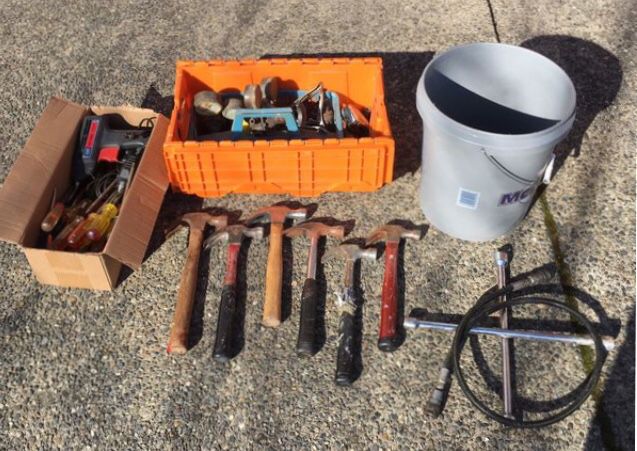 Lot of old tools fixer upper tools hammers screwdrivers tool harness belt and more! See pictures! Fun tools for restoration or projects
