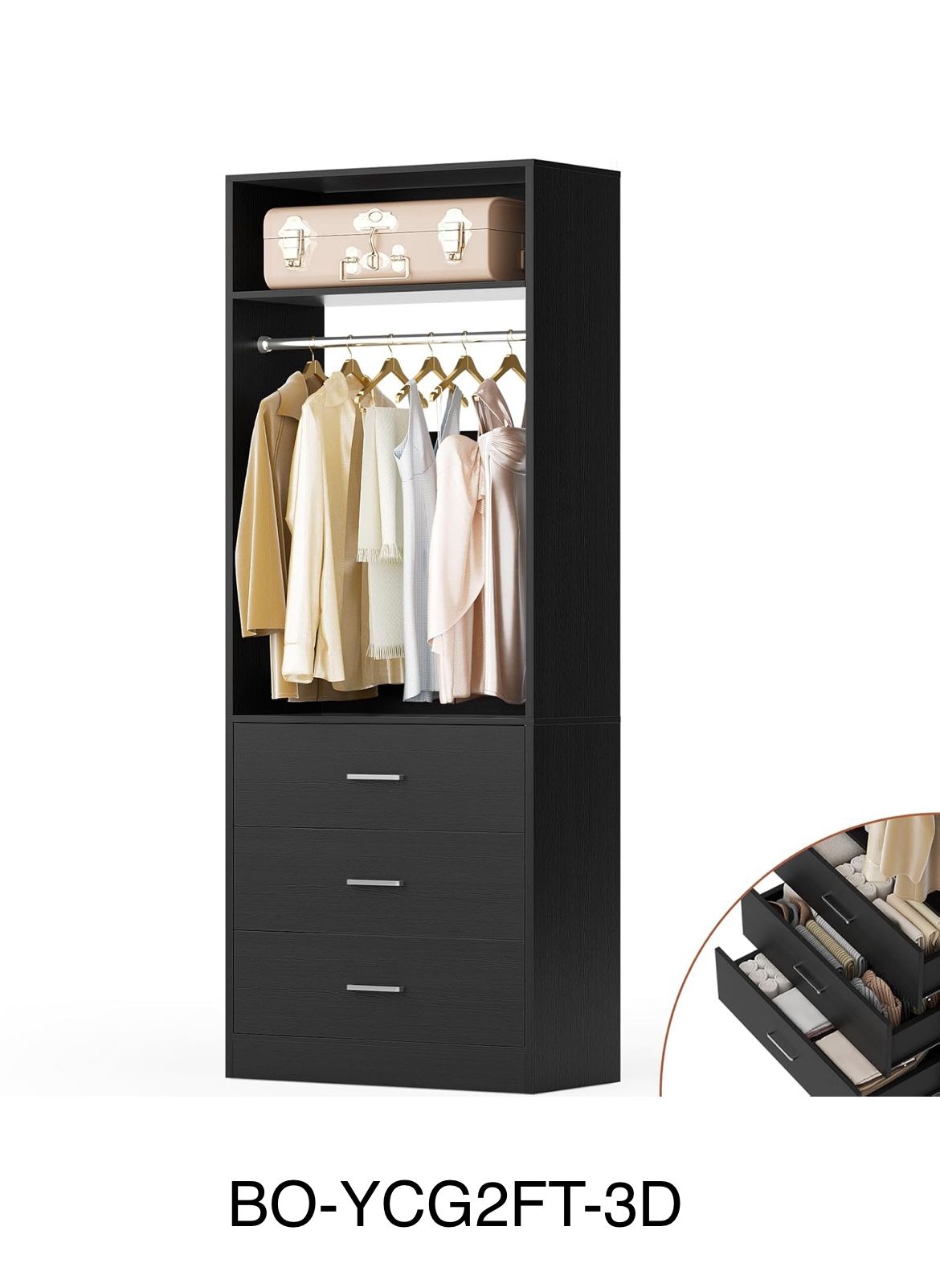 Freestanding 2FT Closet System with 3 Wood Drawers, 24" Closet Organizer System with Hanging Rod & Shelves, Walk-in Closet Systems for Small Closet, W