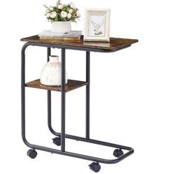 Tajsoon C Shaped End Table with Wheels, Small Side Table with Storage and Lockable Wheels,C Shaped Side Table for Couch, Sofa and Bed, Large Desktop C