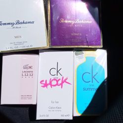 Tommy Bahama Cologne  And Perfume , Lacoste Rose , CK one Shock And  CK one Summer (Not Free)