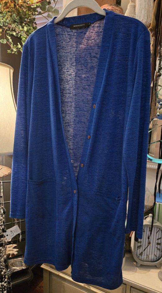 Ladies Large Blue Button Front Sweater Cardigan With Pockets