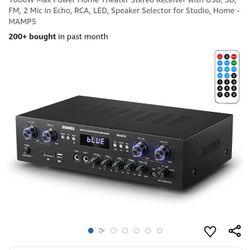 Donner Bluetooth 5.0 Stereo Audio Amplifier Receiver, 4 Channel 1000W Max Power Home Theater Stereo Receiver with USB, SD, FM, 2 Mic in Echo, RCA, LED