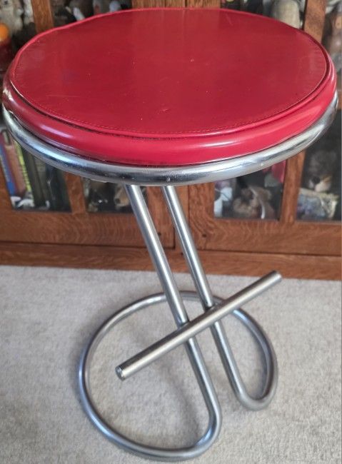 MCM Troy Sunshade Red Vinyl Seat CHROME Z Bar Stool with Foot Rest