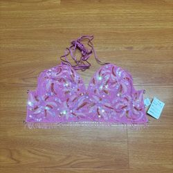 Vintage Y2K Beaded Sequins Halter Top With Adjustable Straps  Size M