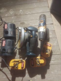 Set of RYOBI equipment.  Saw,dril . With three batteries and two chargers .
