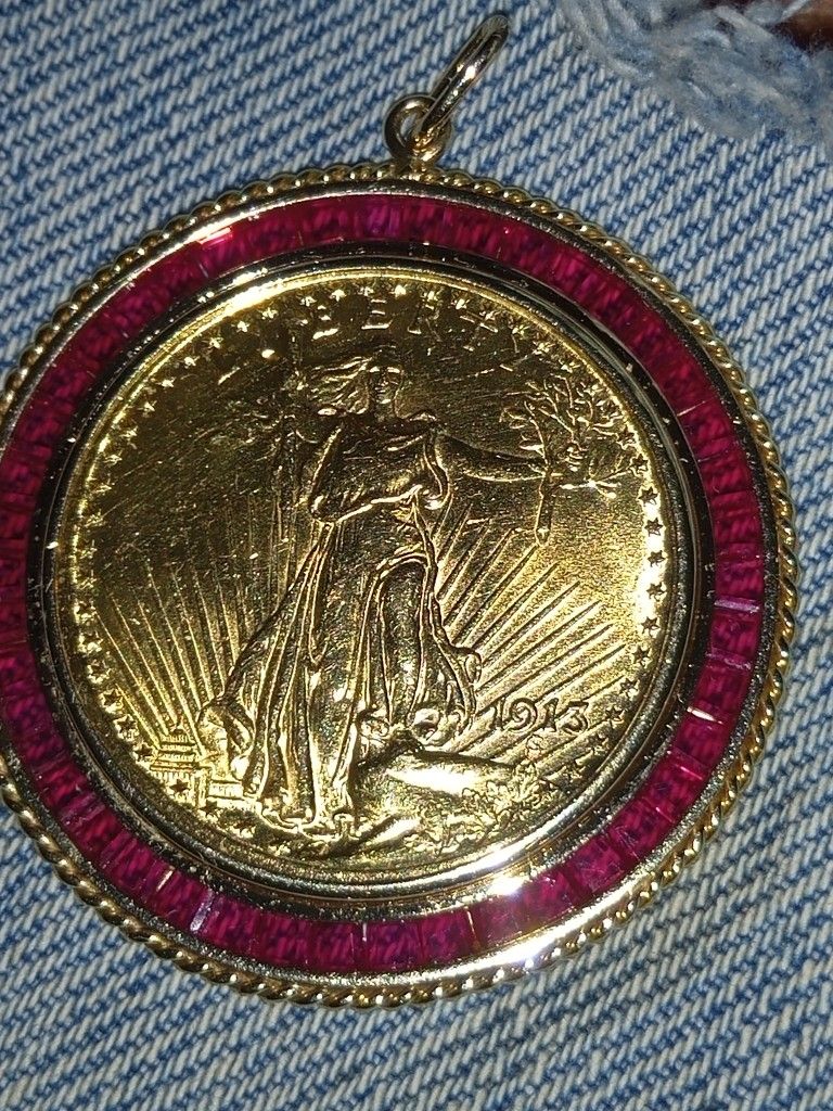Vintage.14 K Ruby Pendant.Coin 1913 Very Good.