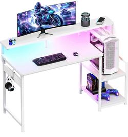 White Gaming Desk with Monitor Stand, Reversible Shelves & Storage – New in Box