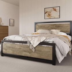 SHA CERLIN "Queen size" metal platform bed frame w/ wooden headboard / no box spring needed.