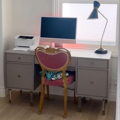 Modern Gray Desk with Lucite and Brass Legs