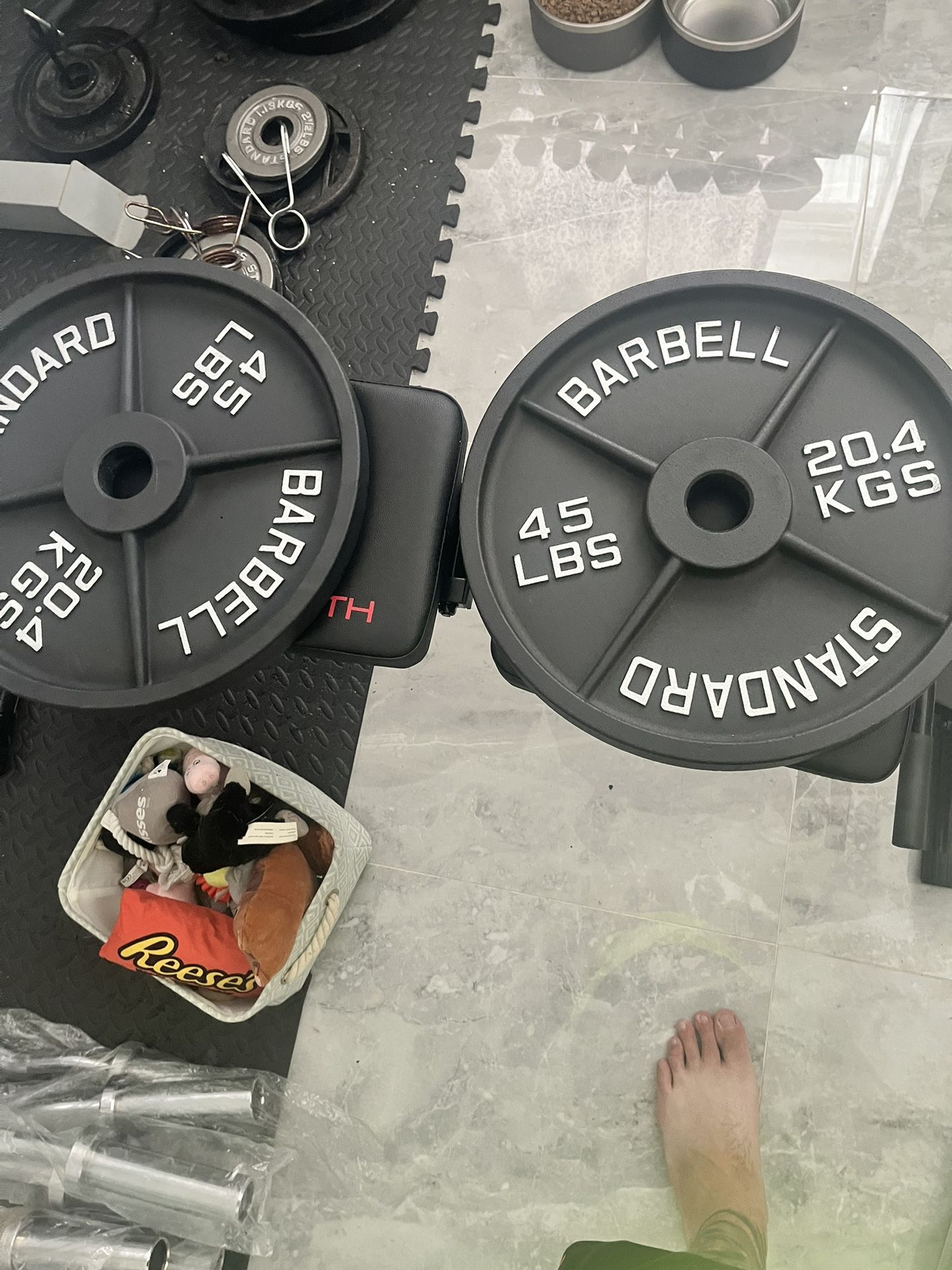New in box never used pair of 45lb Olympic weight plates total 90lb have ez curl bar new in bag for sale too for additional price