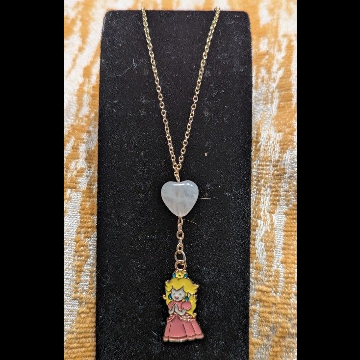 Handmade Princess Peach Rose Quartz Necklace - 16 Inch Chain