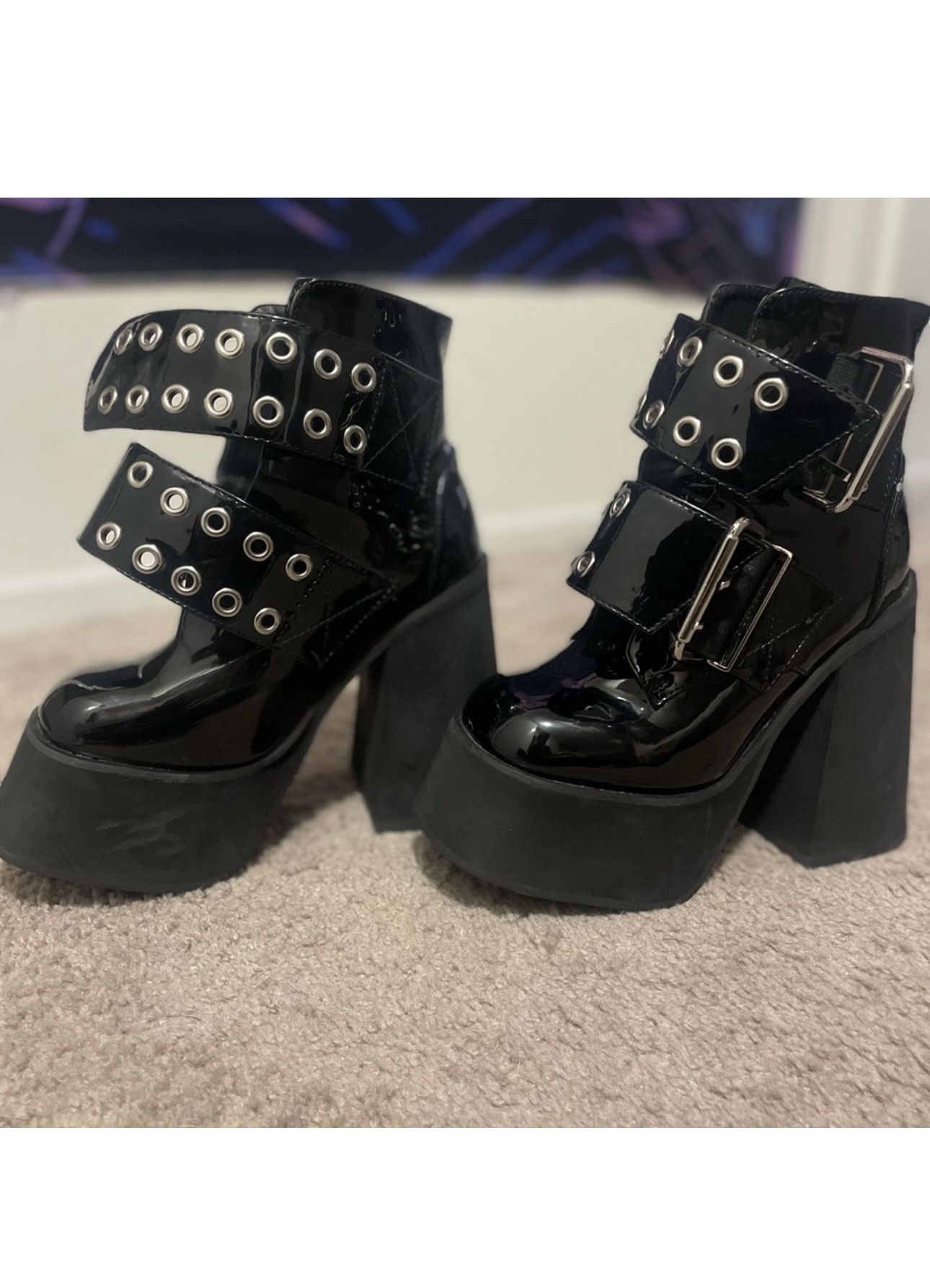Black Platform Buckle Ankle Boots 