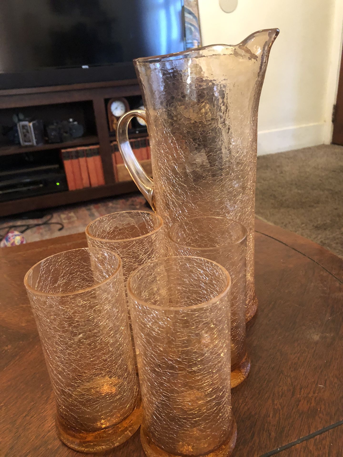 Tickled Pink: Late 70s-Early 80s In Pristine Shape Rose Pink Crackle Glasses & Pitcher: