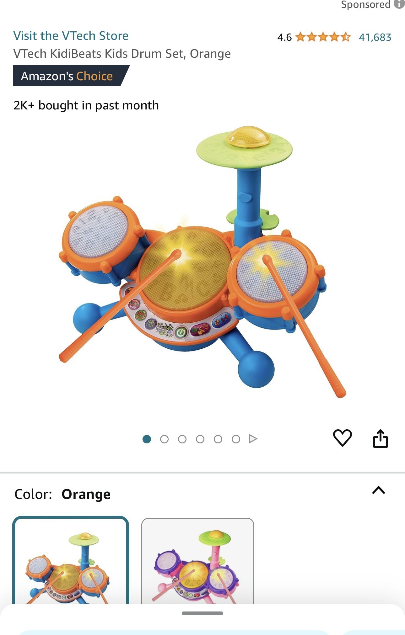 VTech KidiBeats Kids Drum Set, Orange