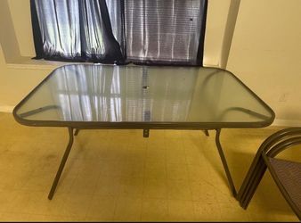 Outdoor Patio Glass Dining Table w/ Umbrella Hole – Metal Frame
