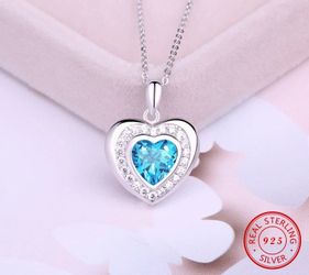 (Shipped Only) 925 Sterling Silver Blue Crystal Heart Pendant Necklace