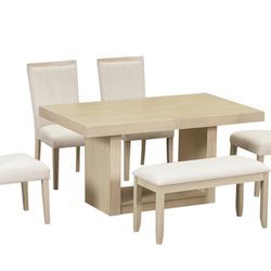 78inch Extendable Rectangle Dining Table，Dining Bench, 4 Upholstered Dining Chairs Set,6-Piece ，Artificial Board，with 18inch Removable Leaf ，Living Ro