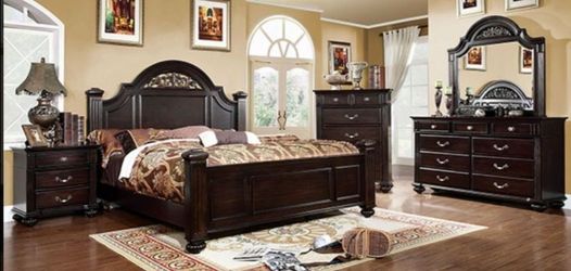 Brand New Dark Walnut 4pc Queen Bedroom Set (Available in California & Eastern King)