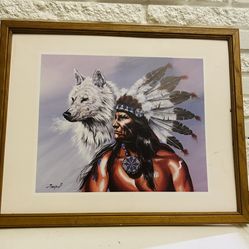 22"×18" Indian Chief Wolf Premium Quality 100D Woven Poly Nylon wood wall hanging frame