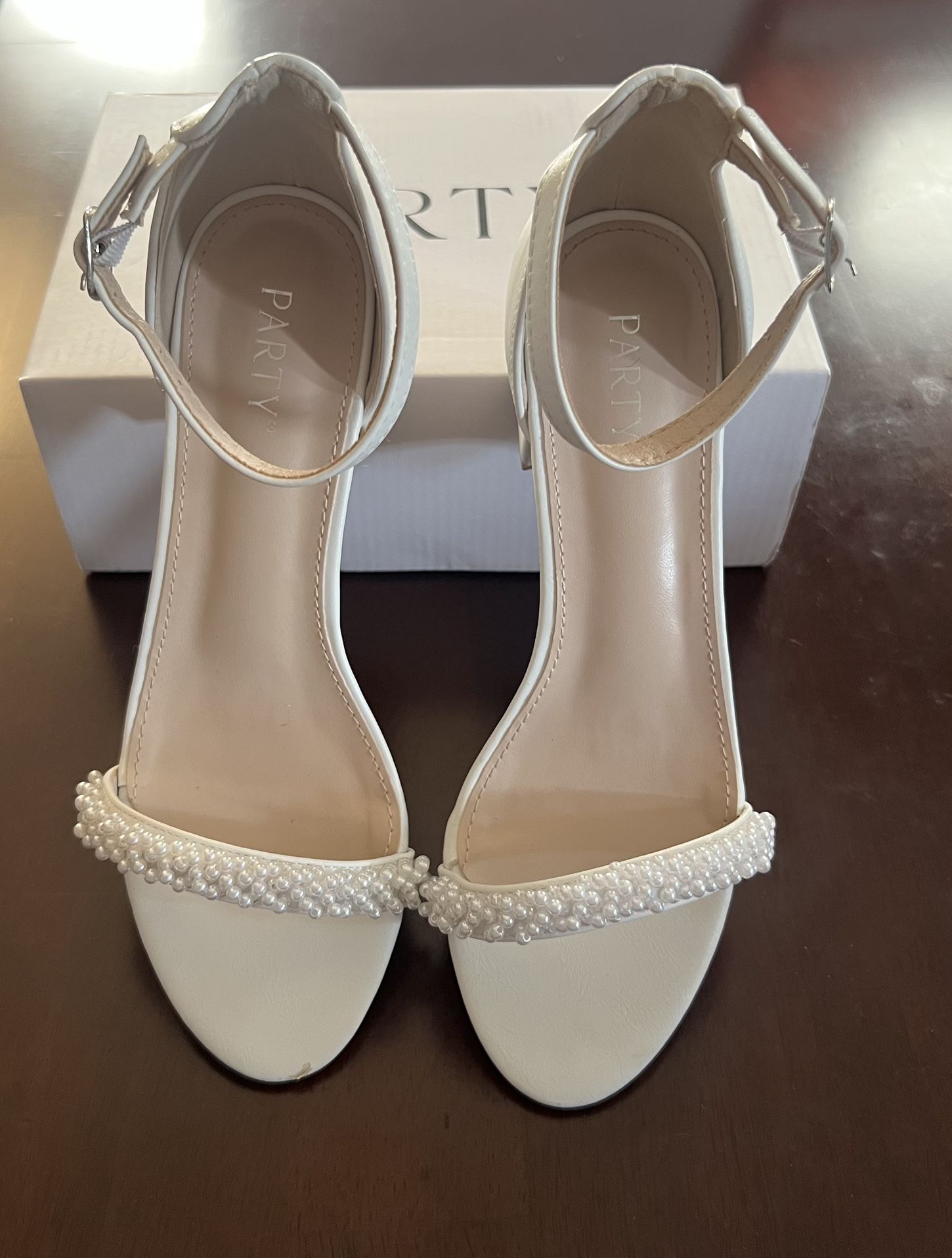 All White Leather Pearled Strap Chunky Low Heel- Women’s Size 7 1/2