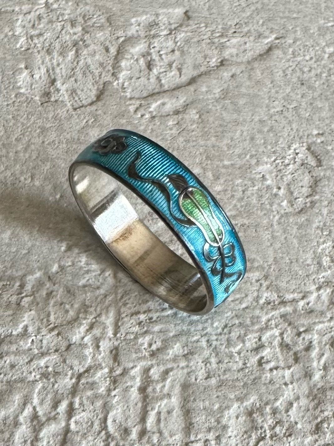 Silver Ring With Art Work Finish, 3/16” Wide, Size 8 1/2