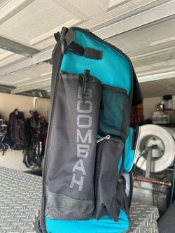 This is a Boombah Superpack bat bag in a teal and black color scheme. $60