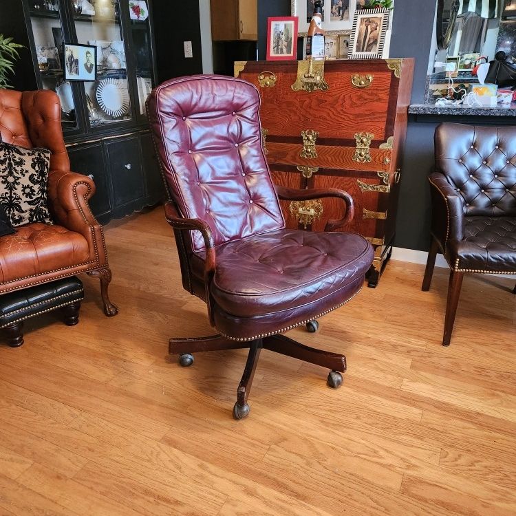Beautiful Cabernet Tuffed  Leather Desk Chair With Tack Hardware 